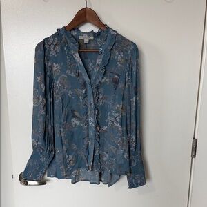 All Saints Blue Floral Ruffle Blouse